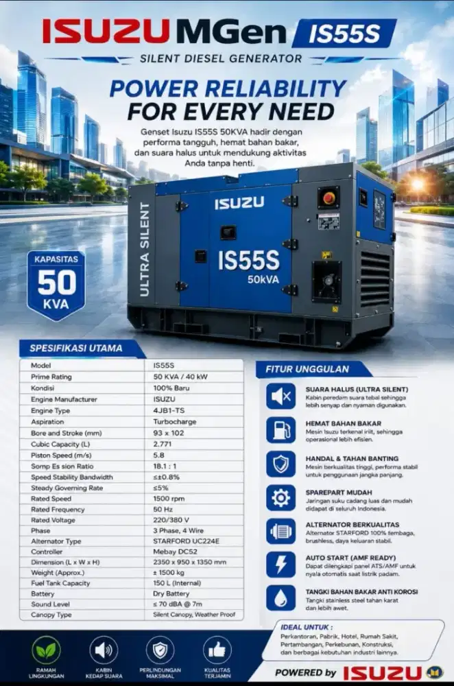 Genset Silent ISUZU 50 KVA 60 KVA 80 KVA 100 KVA 125 Kva 150 Kva