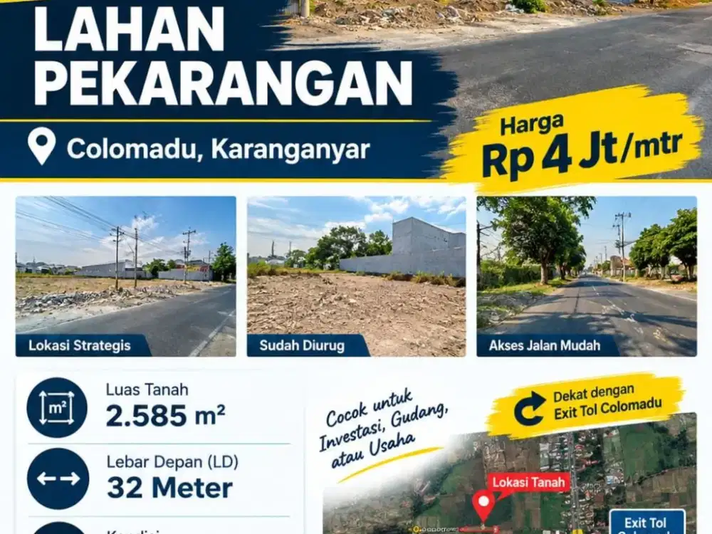 Dijual Lahan Zona Kuning Lokasi Strategis Colomadu, Karanganyar Luas 2585m2