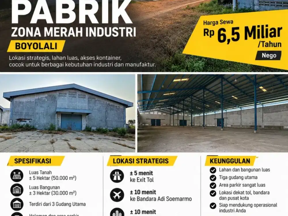 Disewakan Pabrik Zona Industri Lokasi Boyolali Luas 5 Ha