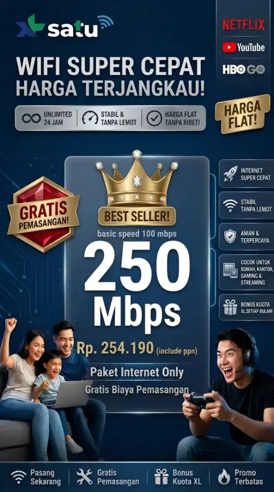 INTERNET RUMAH 250 MBPS | RP254.190 INCLUDE PPN | GRATIS PEMASANGAN