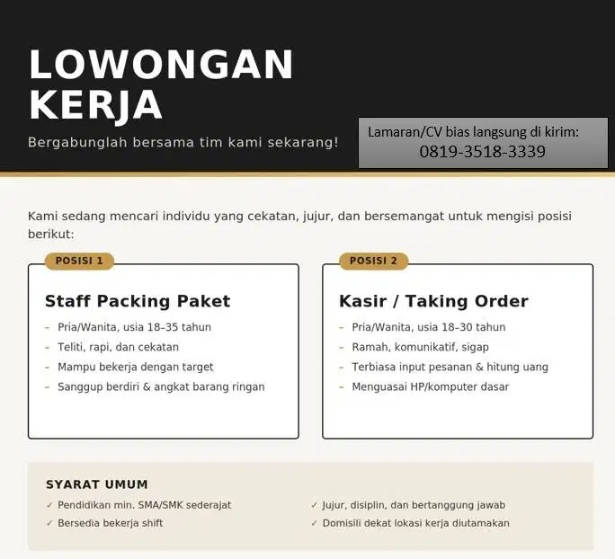 Segera Karyawati Packing Dan Cashier/ Taking Order Toko di  Denpasar