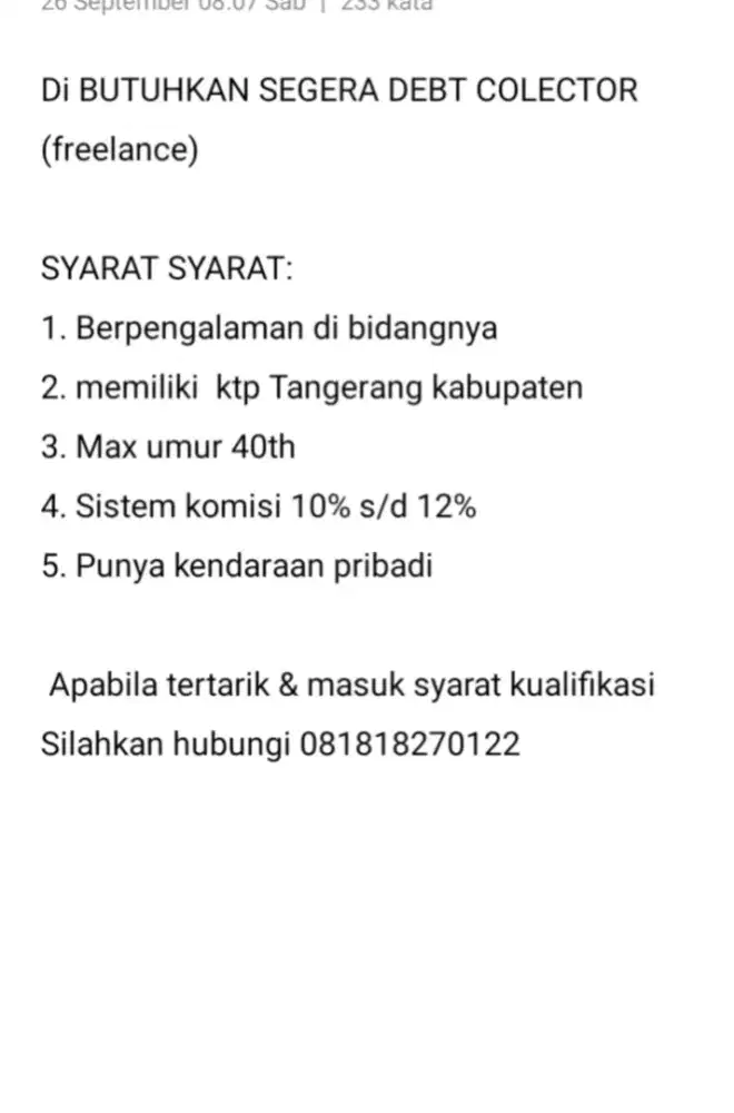 Lowongan DEBT COLECTOR
