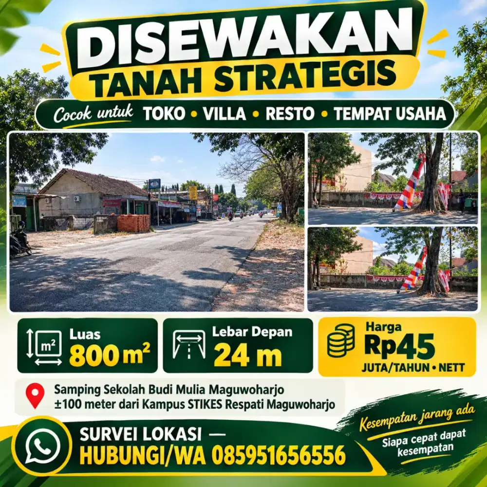 Disewakan tanah strategis pinggir jalan raya tajem Maguwoharjo