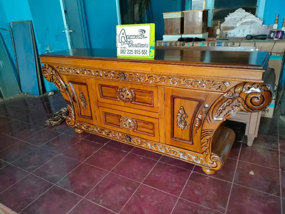 Bufet TV ukir ready siap kirim full kayu jati