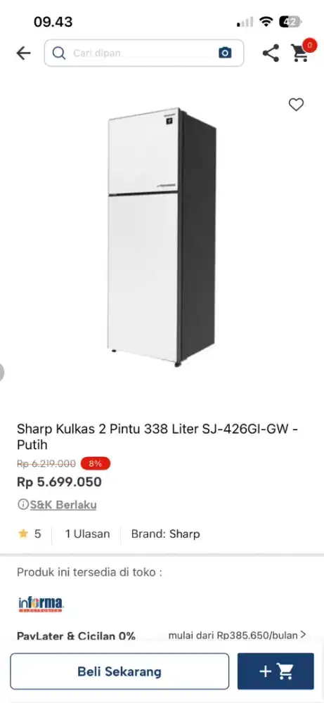 SHARP KULKAS 2 PINTU SJ-426GI-GW 338LTR