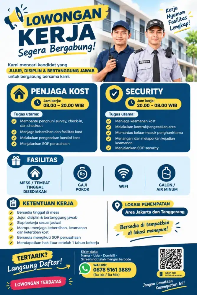 LOWONGAN KERJA – PENJAGA KOST & SECURITY
Area Jakarta & Tangerang