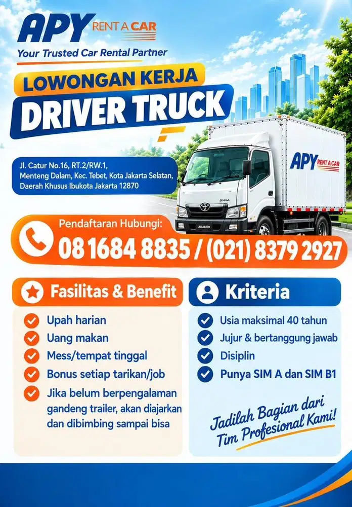 Dibutuhkan driver truk cde,cdd,grandmax