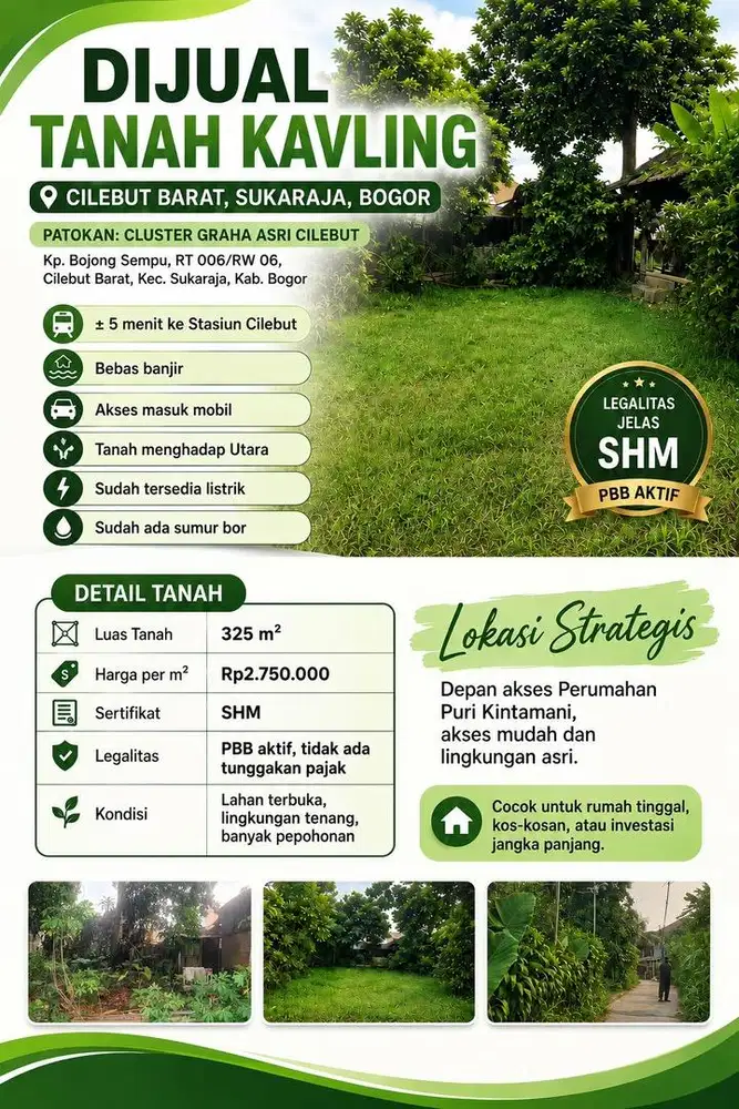 DIJUAL TANAH KAVLING SHM 325 m² — ±5 MENIT KE STASIUN CILEBUT