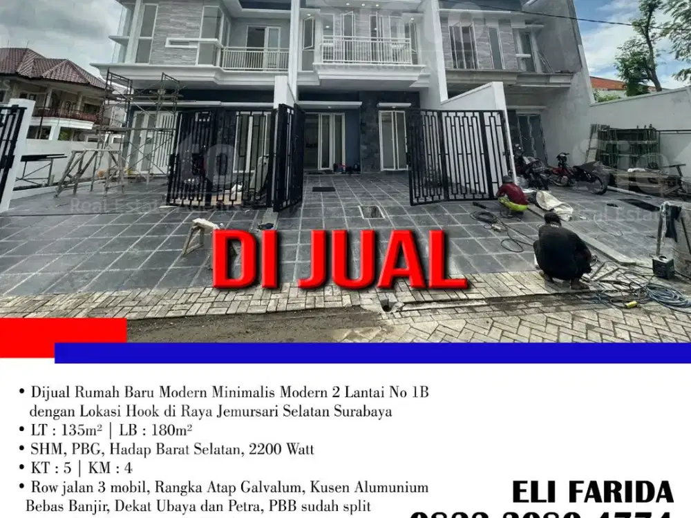 Dijual Rumah Baru Modern Minimalis Modern 2 Lantai No 1B dengan Lokasi Hook di Raya Jemursari Selatan Surabaya