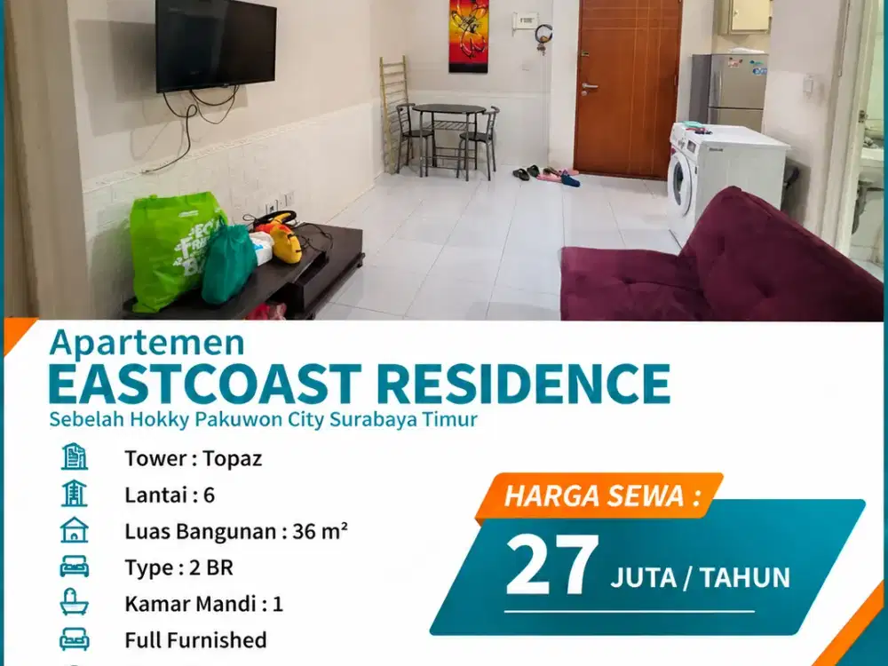 Apartemen Eastcoast Residence Sebelah Hokky Pakuwon City Tower Topaz, Lantai 6 Full Furnished