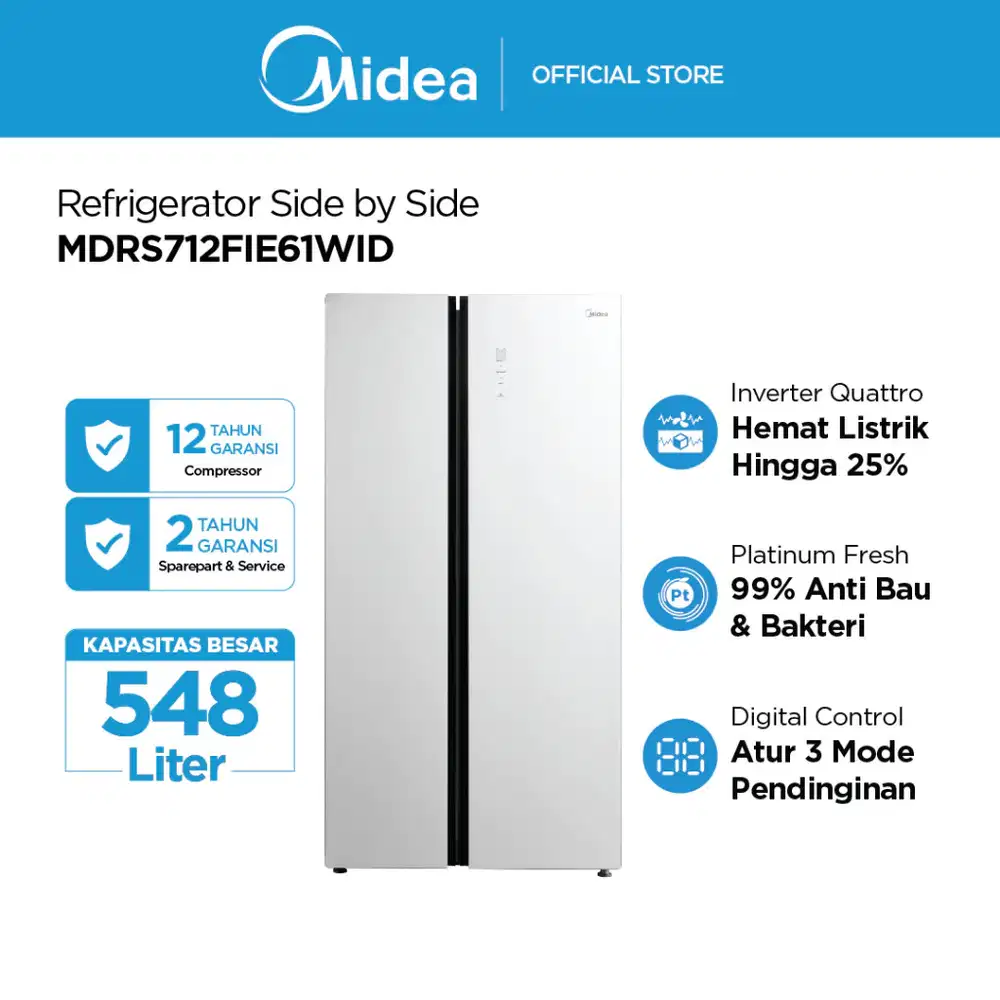 Midea MDRS712FIE61WID Kulkas Side by Side 2 Pintu Bukaan Samping Touch
