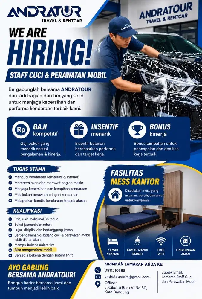 Di butuhkan staff cuci dan merawat kendaraan di Bandung