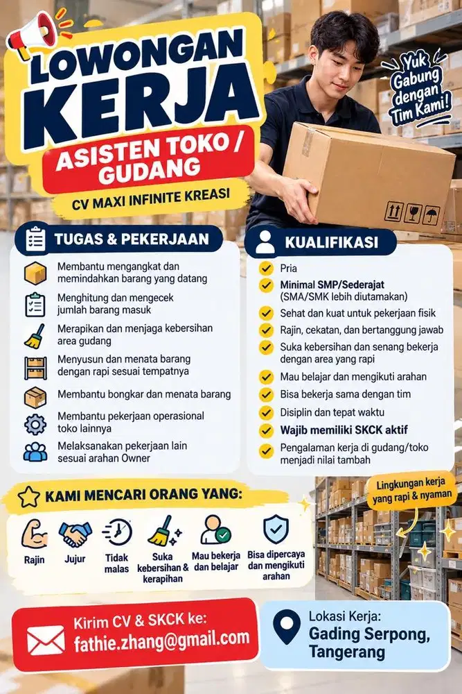 DIBUTUHKAN ASISTEN TOKO / GUDANG