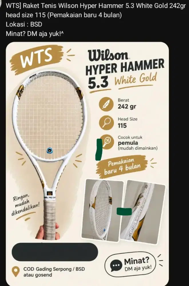 Raket Tenis Wilson Hyper Hammer 5.3 White Gold Tennis Racket 242gr