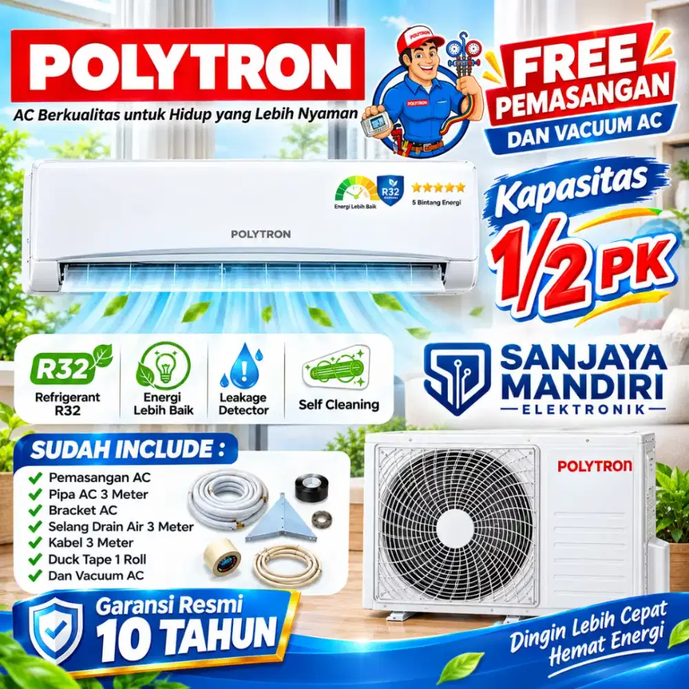FREE PASANG!POLYTRON AC 1/2 PK Turbo Cool Deluxe 2 Auto Clean R32 05VH