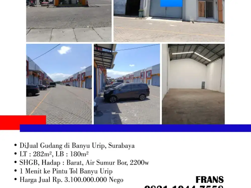DiJual Gudang di Banyu Urip, di Surabaya