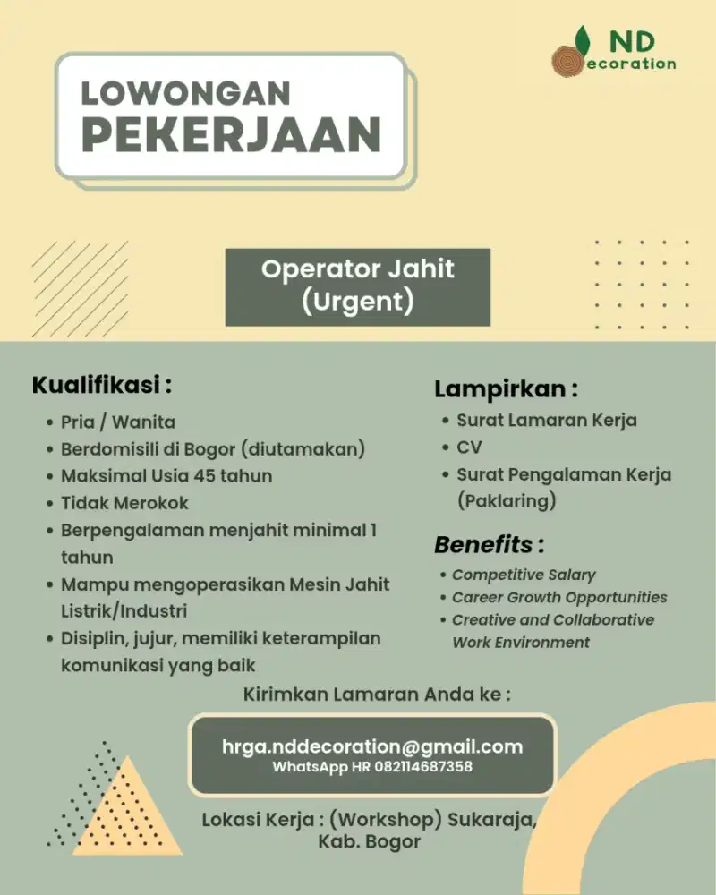 Lowongan Pekerjaan Operator Mesin Jahit