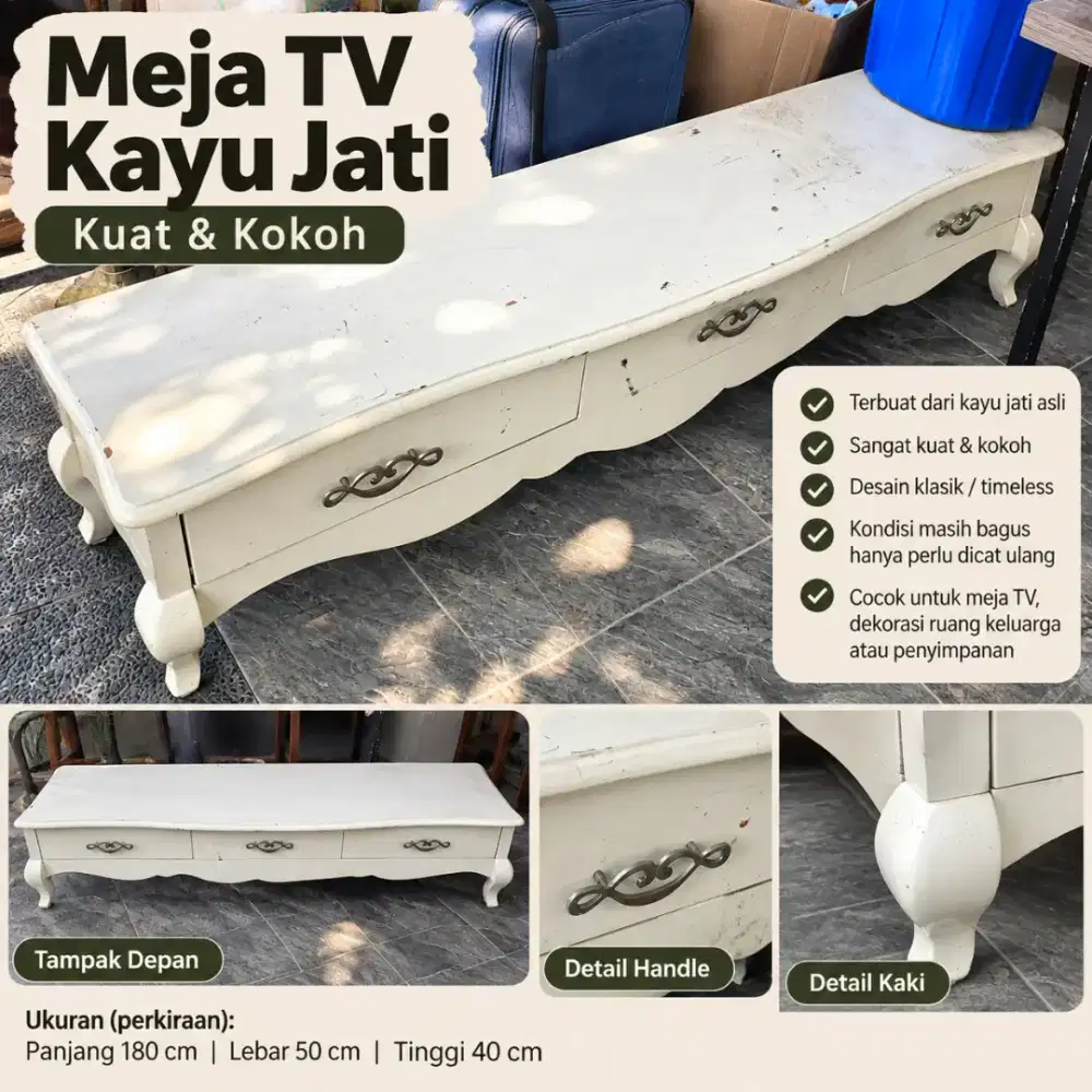 MEJA TV KAYU JATI SOLID PUTIH – CLASSIC VINTAGE