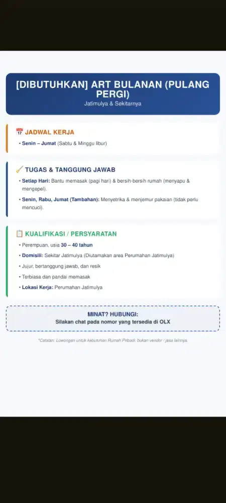 ​[DIBUTUHKAN] ART BULANAN (PULANG PERGI)