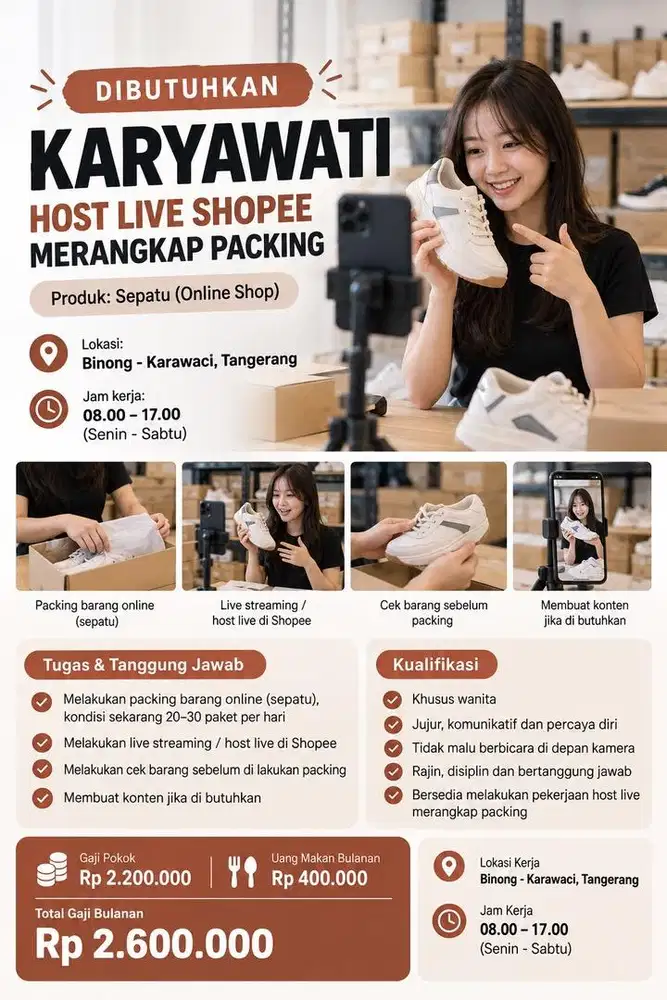 Butuh karyawati ( Host Live shopee merangkap packing sepatu online)