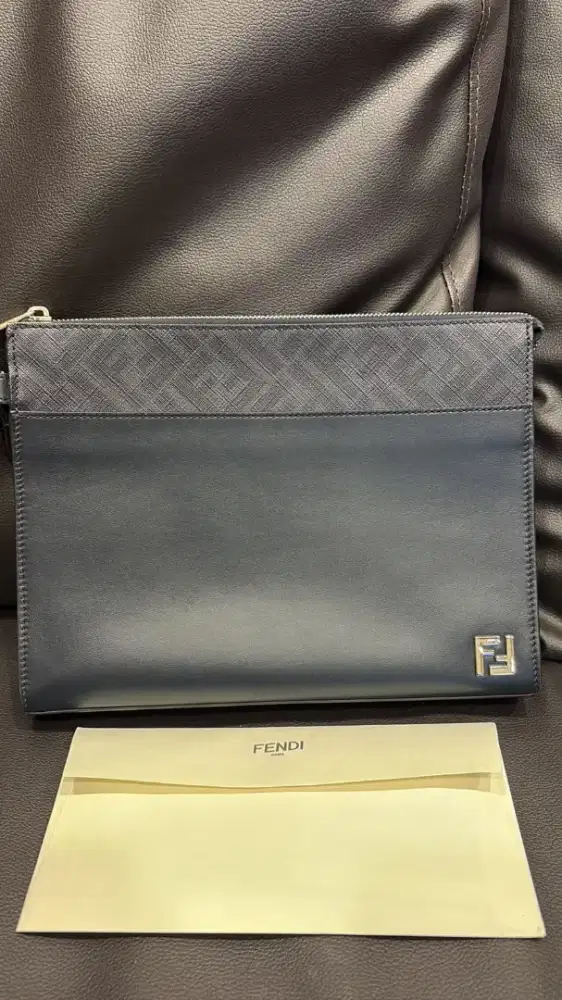 Fendi Roma FF Squared Clutch Midnight Blue Original