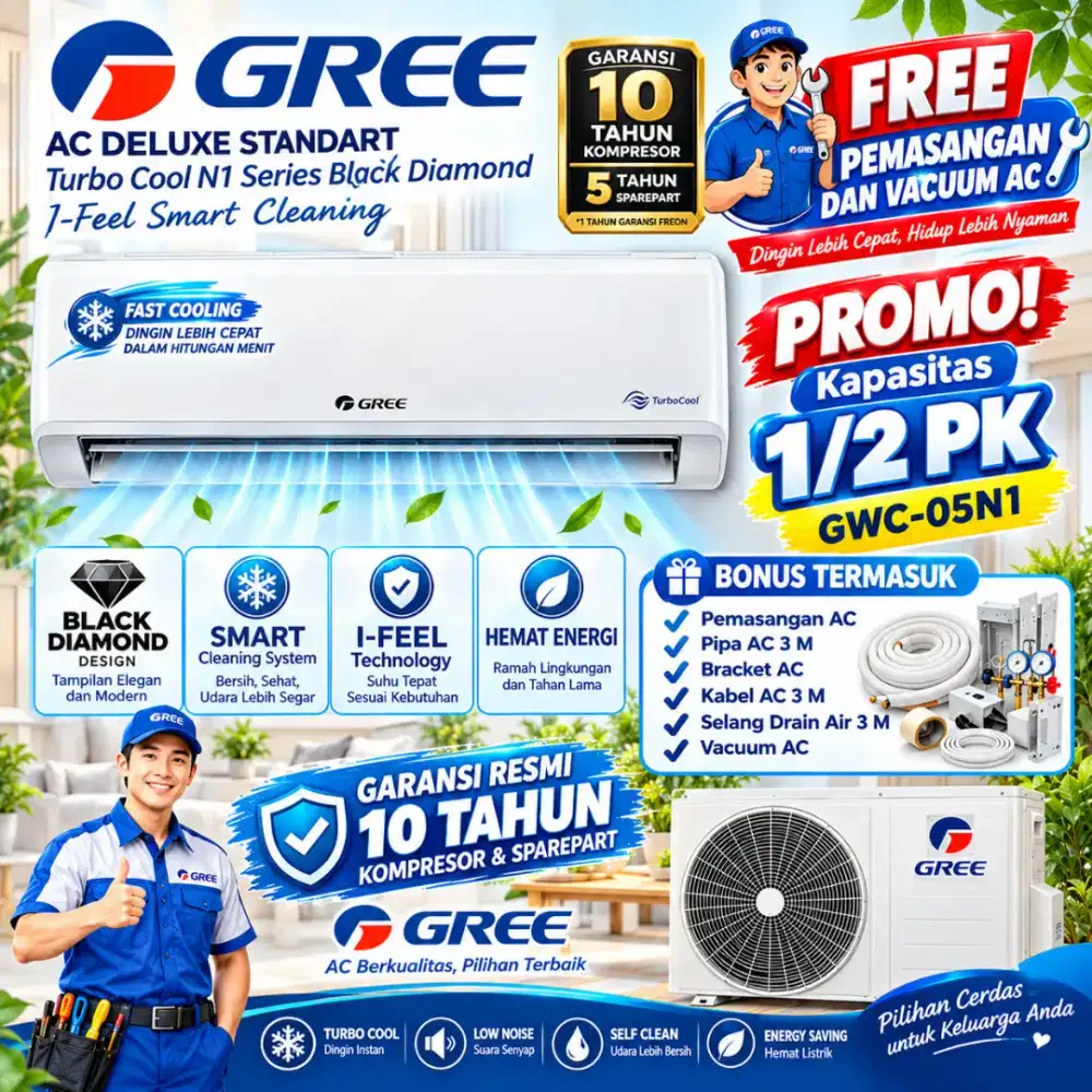 FREE PASANG! GREE AC 1/2 PK Black Diamond Smart Clean IFeel N1GWC05N1