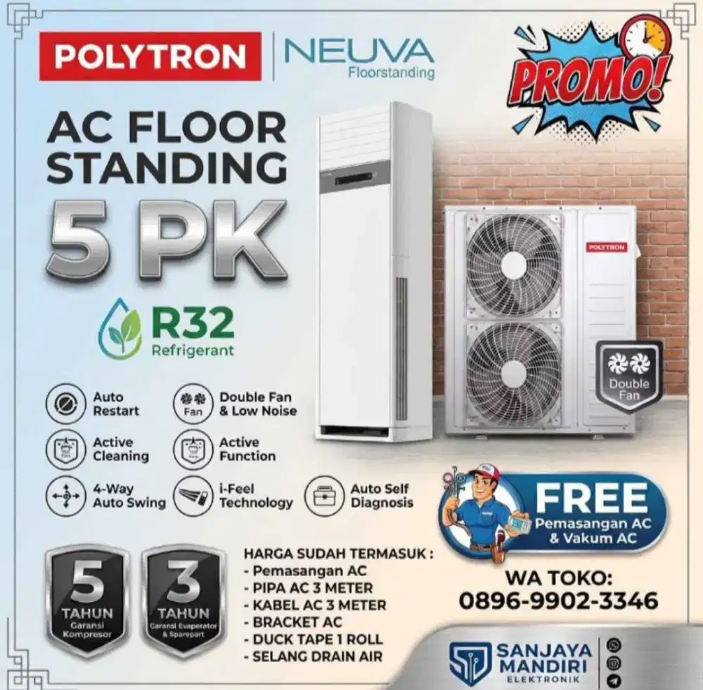 FREE PASANG! POLYTRON AC 5 PK Floor Standing NUEVA 3 Phase Double Fan