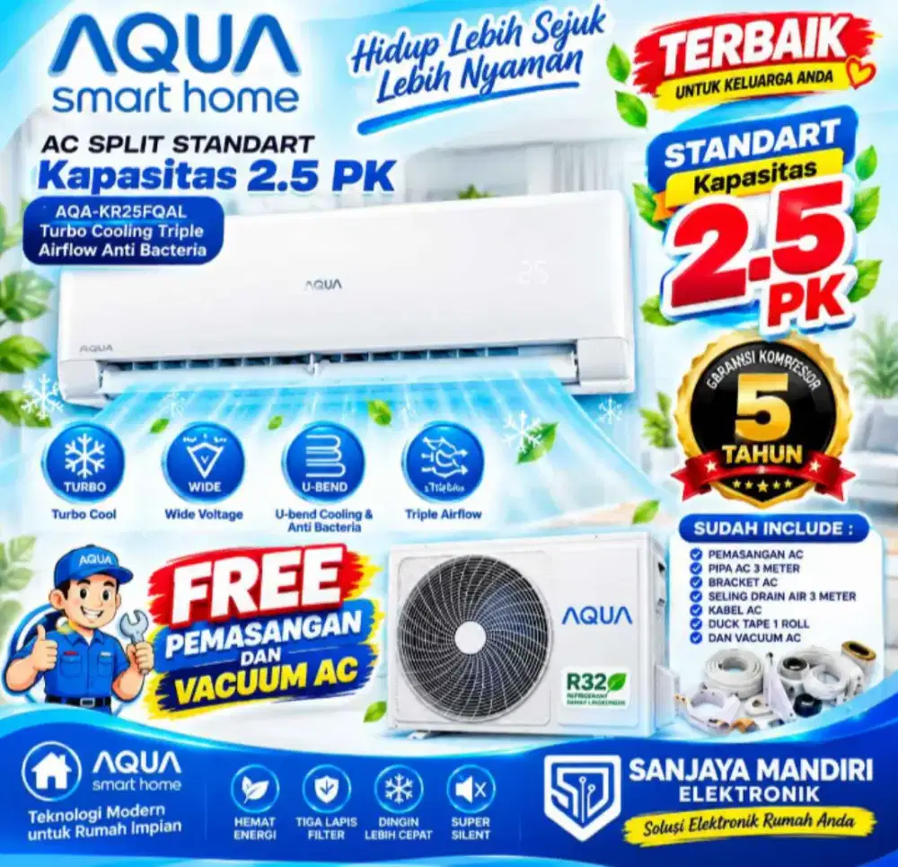 FREE PASANG! AQUA japan AC  STANDART 2.5 PK AQA-KR25FQAL Turbo Cooling