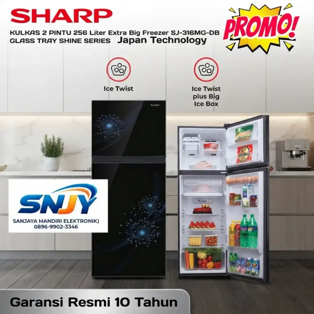 SHARP Kulkas 2 Pintu SHINE Big Freezer Ice SJ-317MB-DB Glass Tray AUTO
