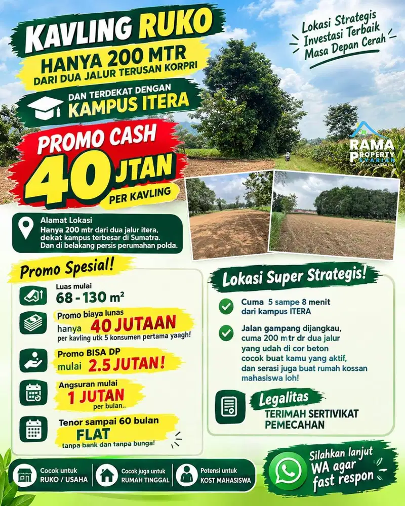 KAVLING RUKO HANYA 200 MTR DARI DUA JALUR TERUSAN KORPRI ITERA