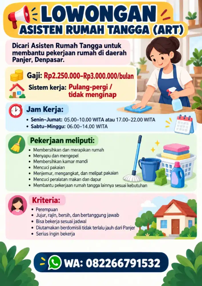 Dicari ASISTEN RUMAH TANGGA perempuan