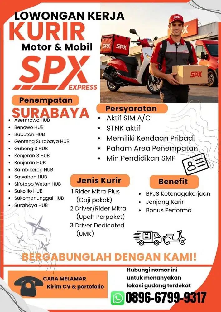 LOKER SPX KURIR RIDER (motor) / DRIVER MOBIL JAWA TIMUR