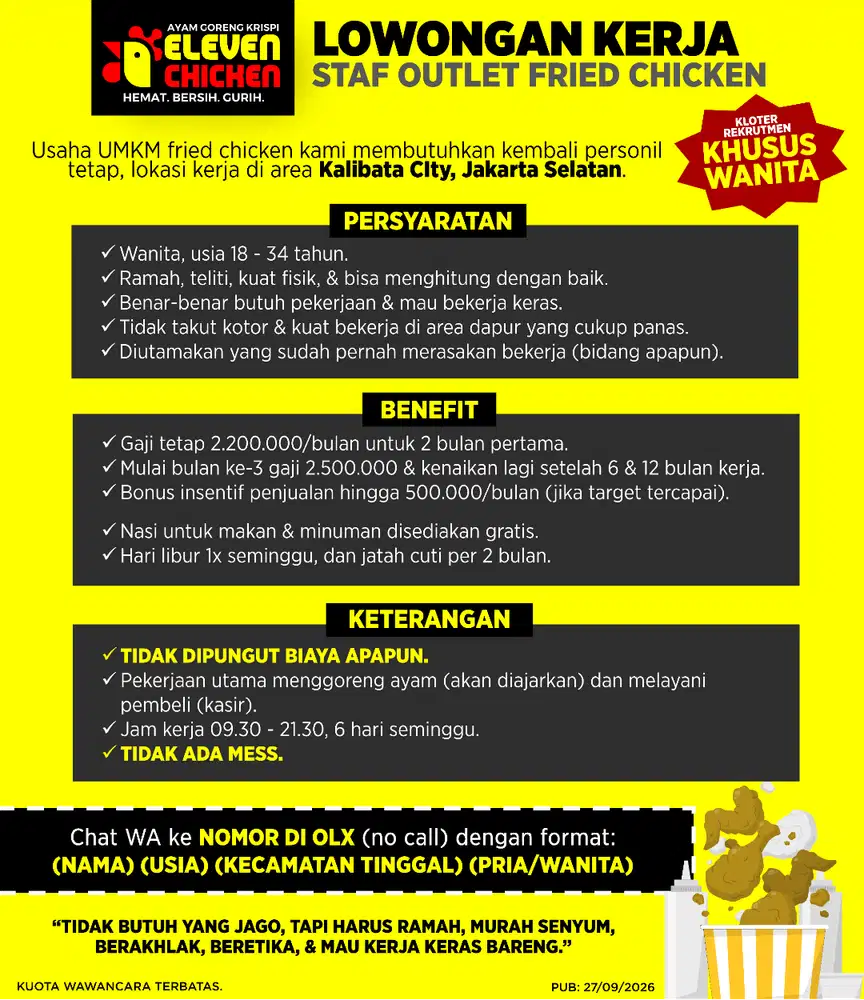 Lowongan Kerja Staf Fried Chicken Wanita Kalibata Jakarta Selatan