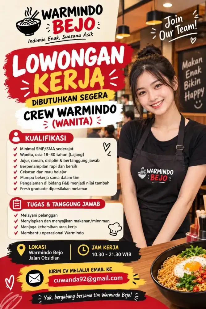Dibutuhkan WANITA jaga warmindo