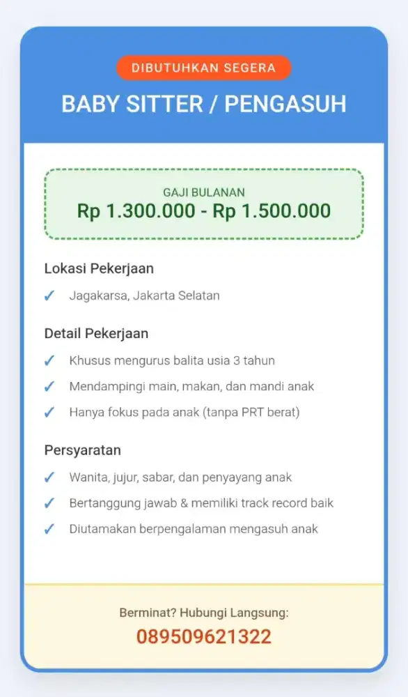 DIBUTUHKAN SEGERA! Baby Sitter / Pengasuh Anak 3 Tahun - Jagakarsa