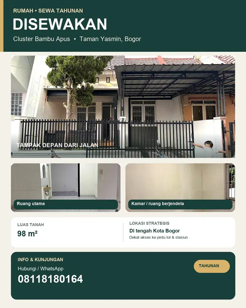 Disewakan Rumah Cluster Bambu Apus, Taman Yasmin — LOKASI STRATEGIS !!