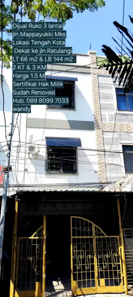 Dijual Ruko 3 lt jln.Mappayukki Lokasi Tengah Kota SHM
