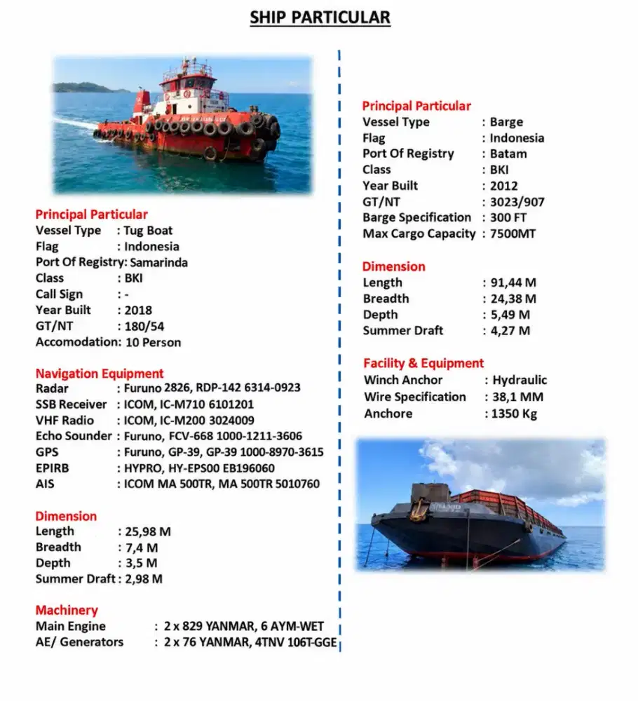 Di jual Tugboat & tongkang 300 feet tahun 2018 - 2012