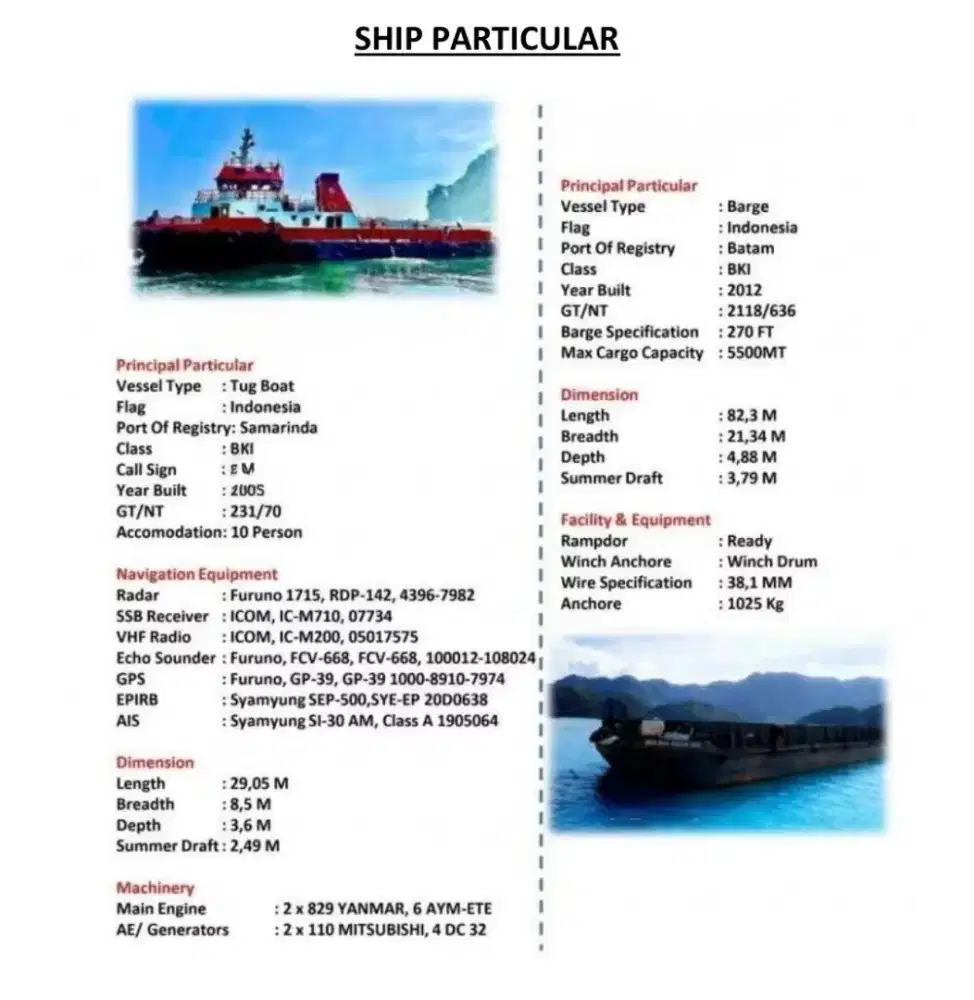 Di jual Tugboat & tongkang 270 feet tahun 2005 - 2012