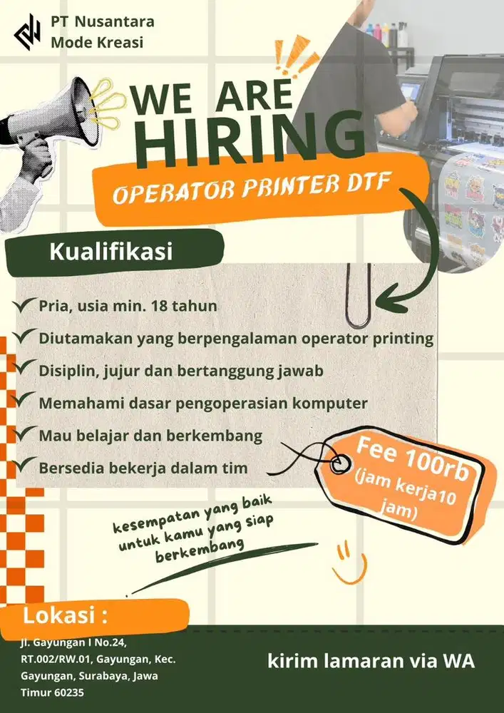 Lowongan kerja Operator Mesin Printer DTF