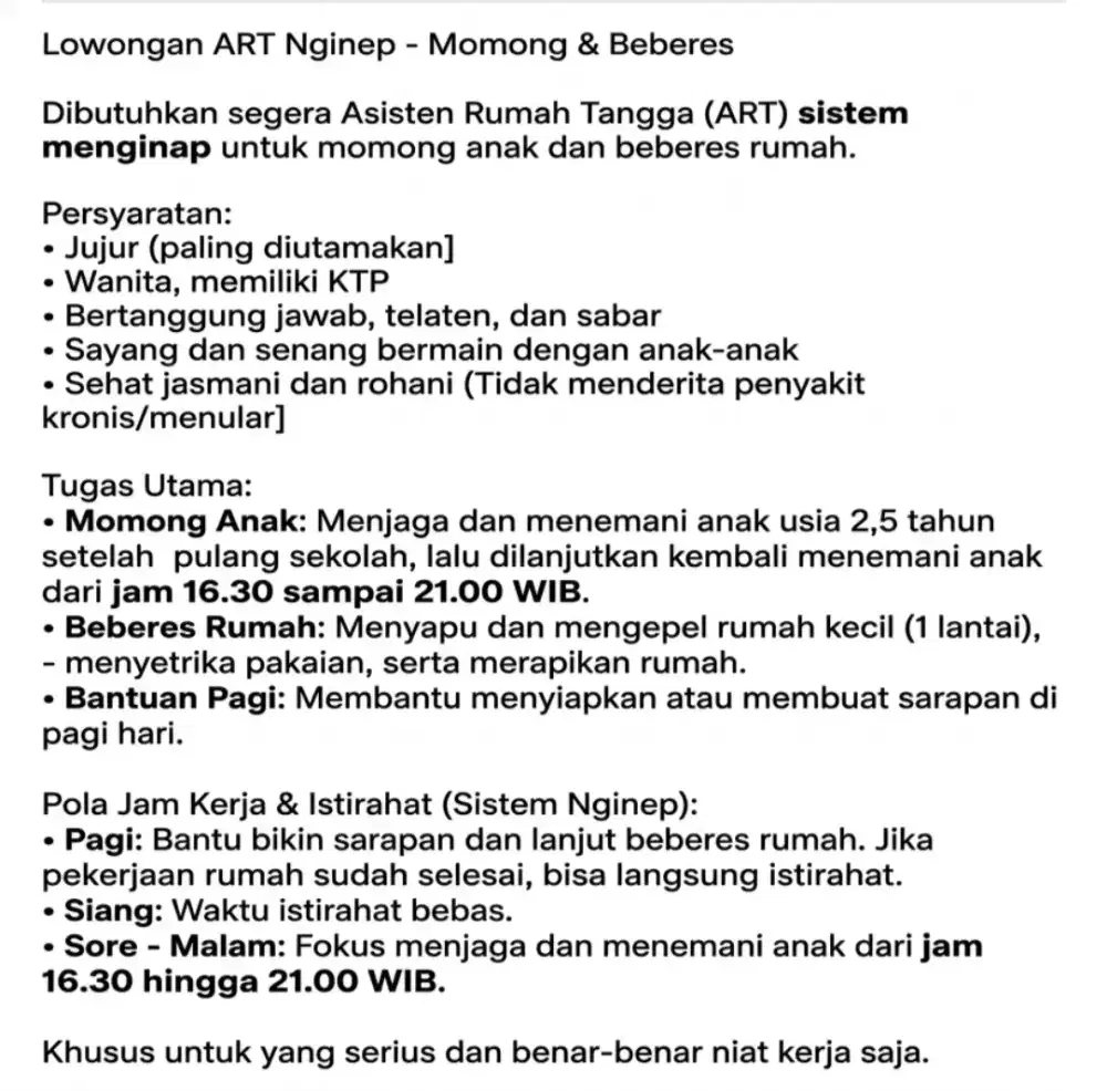 Lowongan ART - Nginep/PP