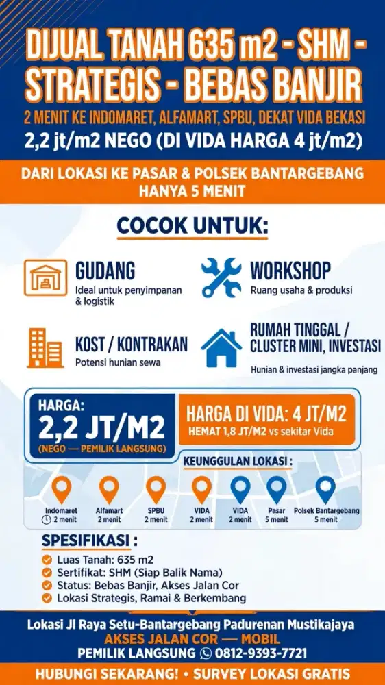 DIJUAL TANAH 635 m2 - SHM - DEKAT VIDA - 2,2 jt/m2 NEGO (VIDA 4 jt/m2)