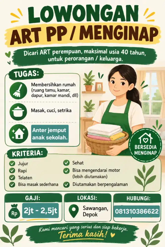 Lowongan ART PP atau Menginap