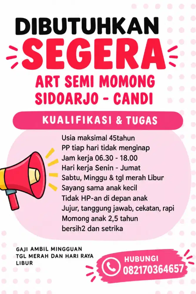Dicari ART+MOMONG area ruko heavenland candi. Lingkar timur