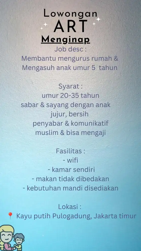 Lowongan ART MENGINAP momong serabutan