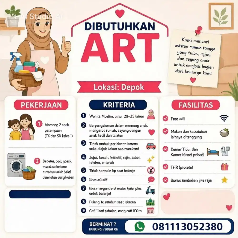 Dicari segera ART Untuk wilayah depok, cibubur, dan sekitarnya