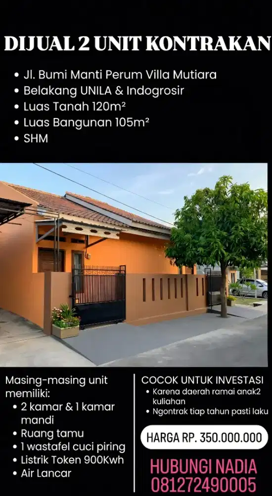 DIJUAL RUMAH KONTRAKAN BELAKANG UNILA