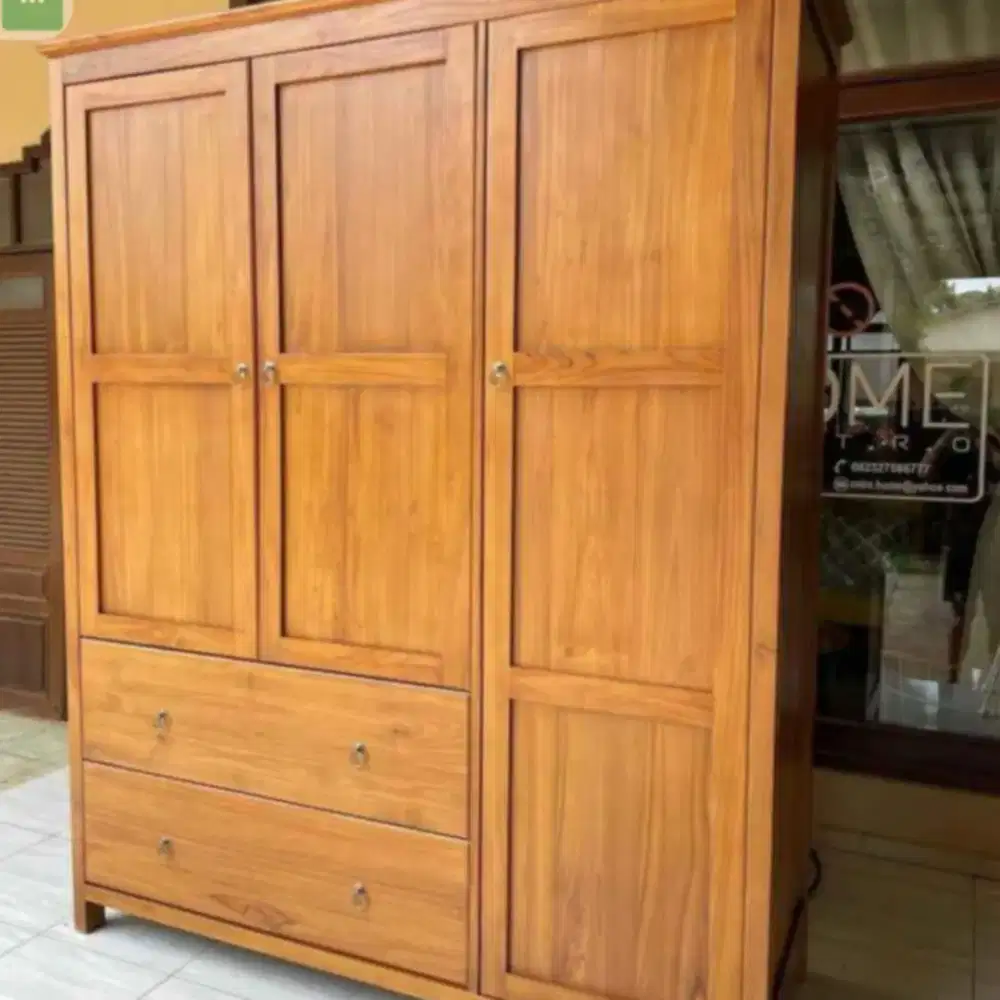 Lemari pakaian minimalis vintage 3 pintu kayu jati asli