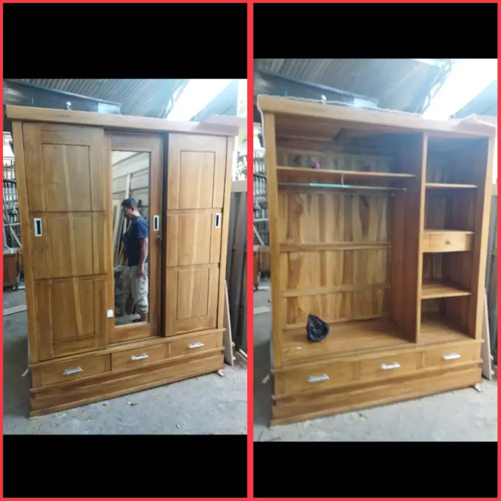 Lemari pakaian minimalis modern pintu sliding kayu jati asli