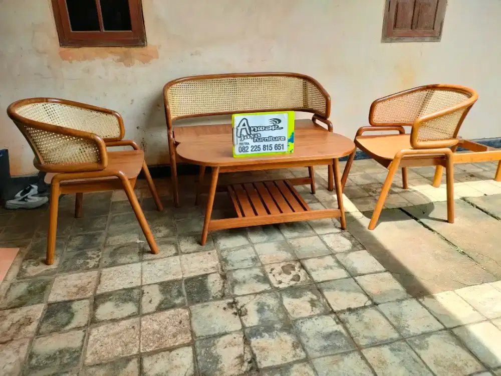 Kursi tamu minimalis rotan full kayu jati